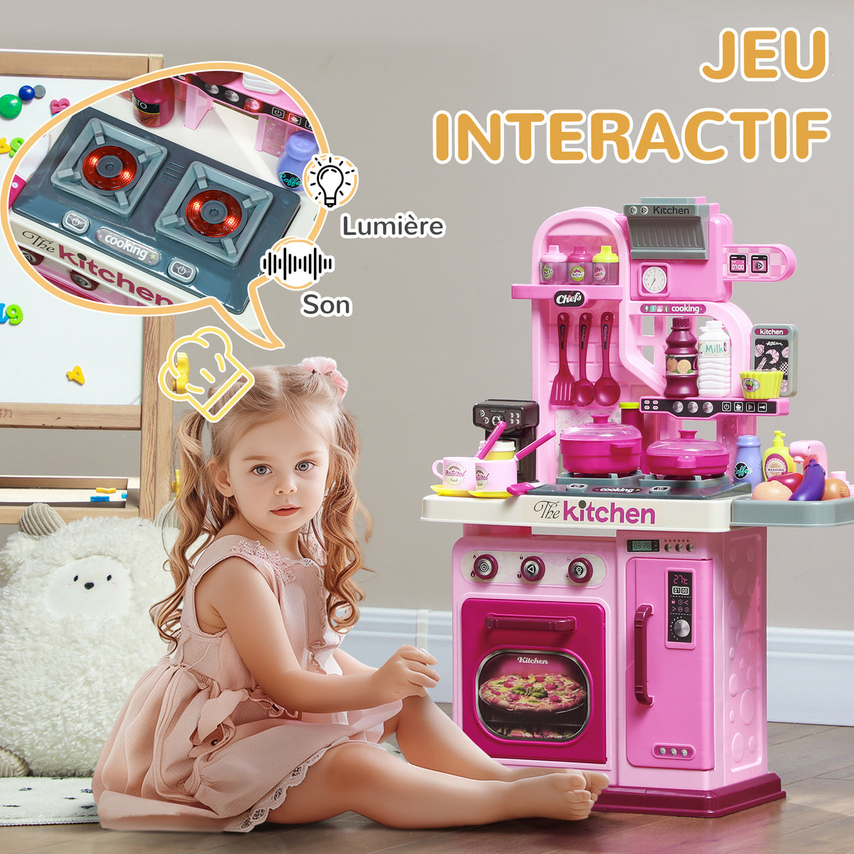 Cuisine enfant accessoires 33 PCS jouet d'imitation pour enfant dinette enfant 3-6 ans lumières et sons réalistes rose-3