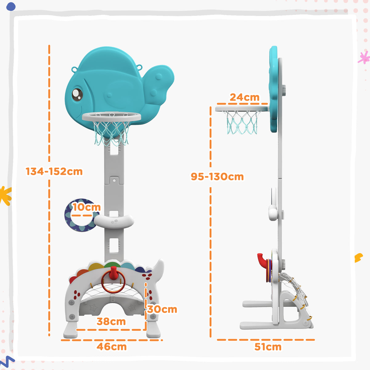 Panier de basket-ball pour enfants 5 en 1 hauteur réglable but de football balle de golf lancer d'anneaux bleu et gris-2