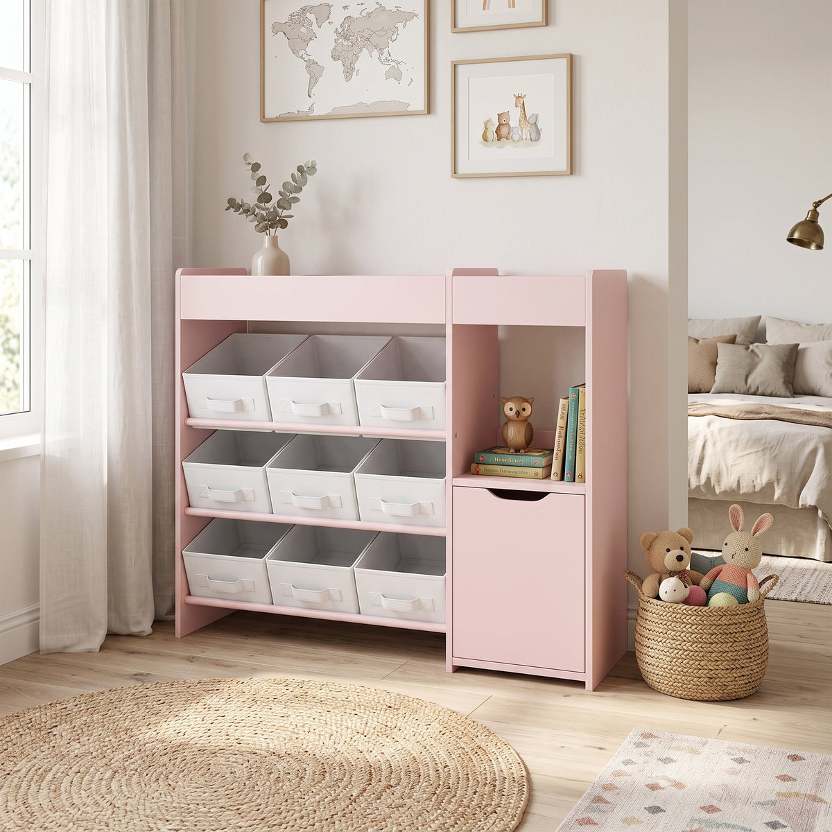 Meuble rangement enfant étagère de rangement pour jouets enfants avec 9 tiroirs en tissu et placard, rose-1