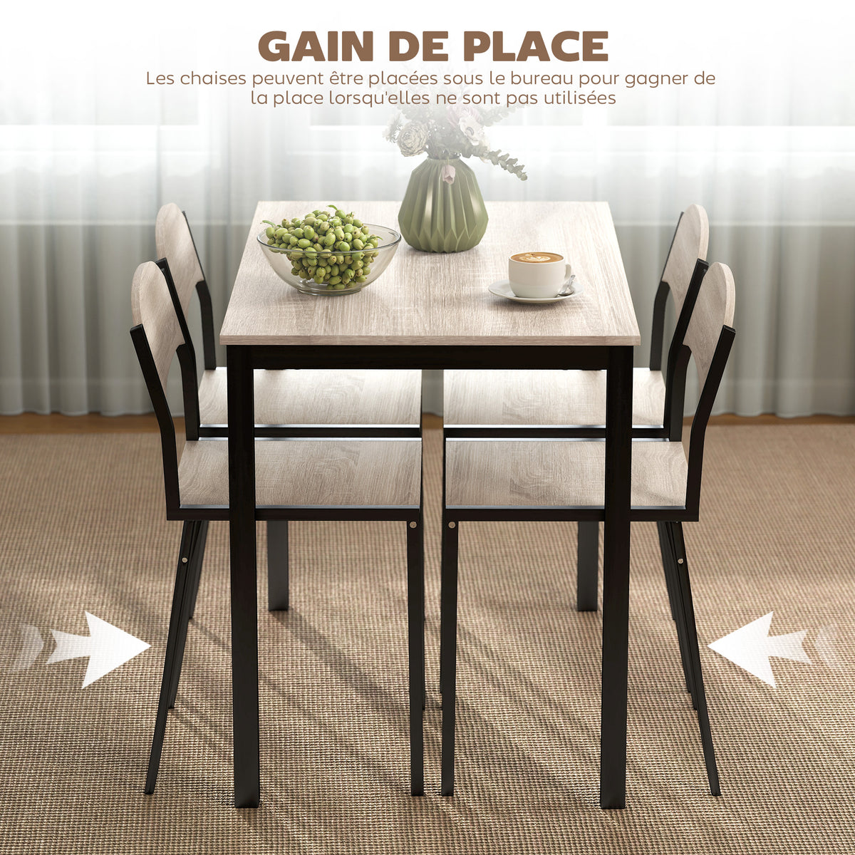 Ensemble table à manger 5 pièces avec 4 chaises lateau MDF coloris bois de chêne châssis métal noir-3