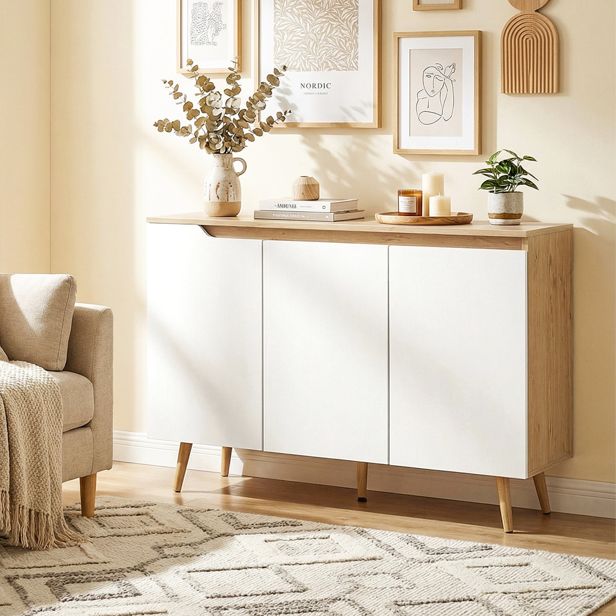 Buffet salon, meuble de rangement, 3 portes, étagères réglables et pieds en bois d'hévéa, 107x35x76,5cm, blanc et chêne-1