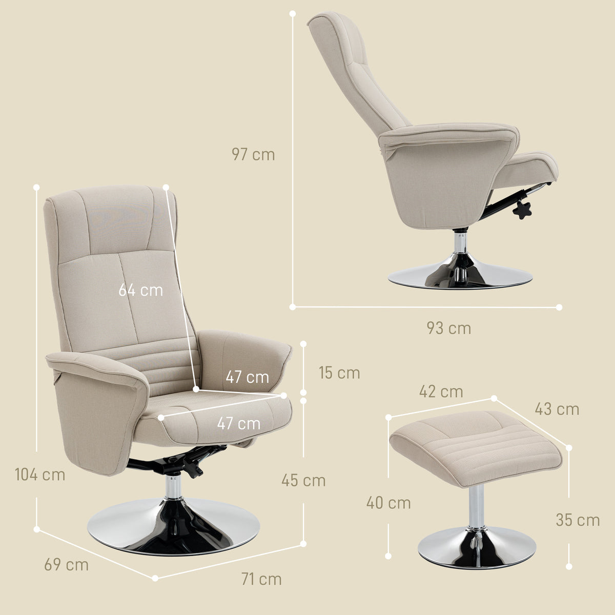 Fauteuil relax inclinable 135° pivotant 360° avec repose-pieds revêtement tissu beige-2