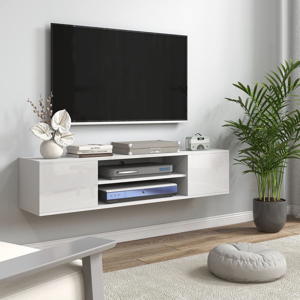 Meuble banc TV mural suspendu style contemporain 2 placards 2 niches centrales et 2 passe-câbles 140 x 30 x 30 cm blanc-1