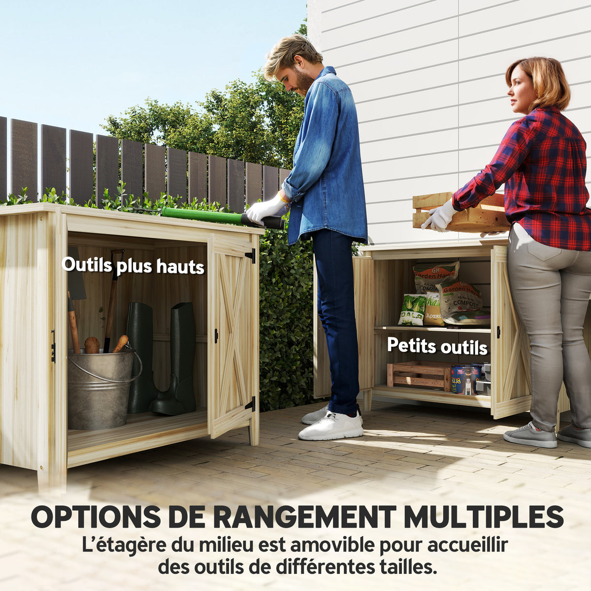 Armoire de jardin en bois, placard de jardin en bois avec étagères et double portes, 110 x 60 x 88,5 cm, bois naturel-3