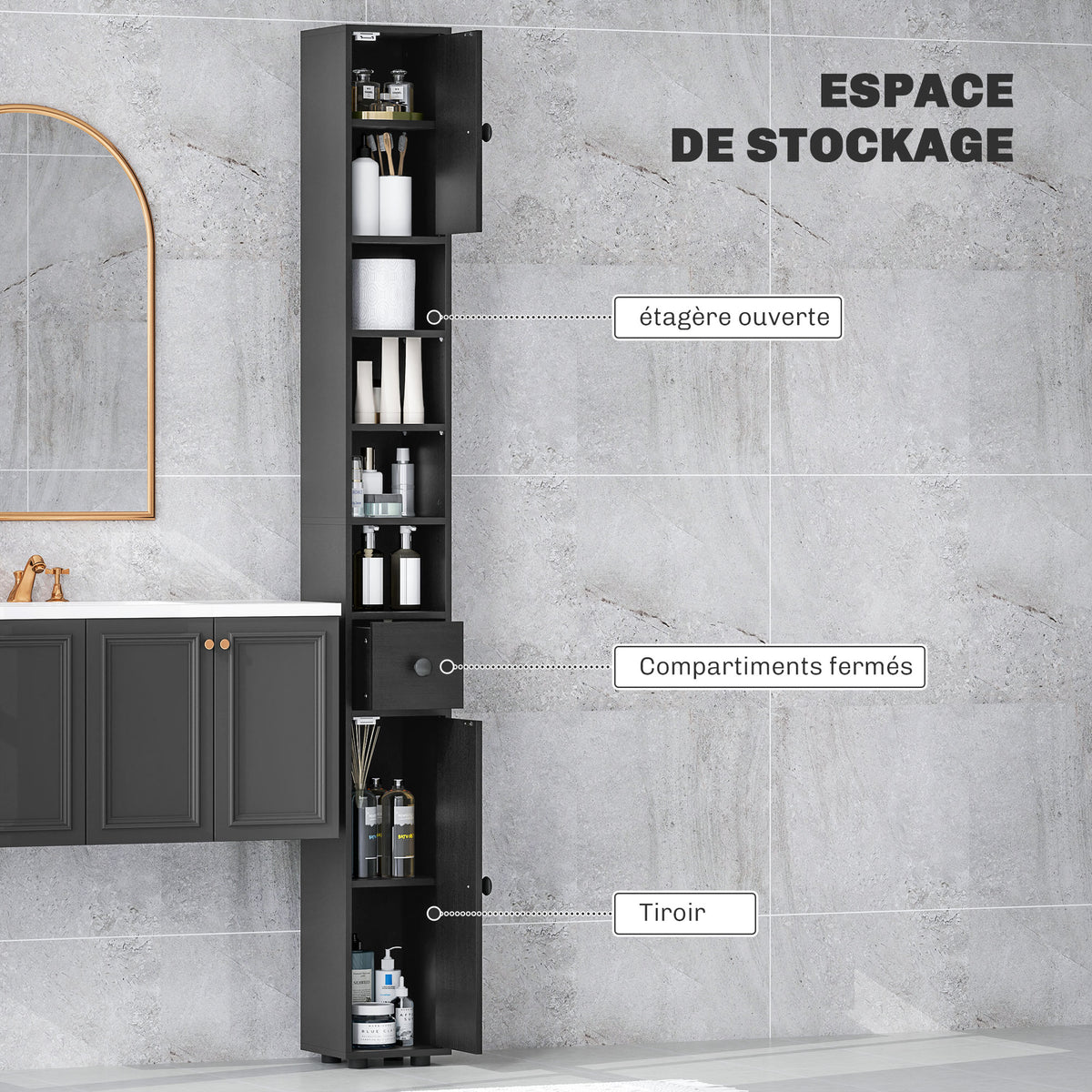 Colonne de rangement armoire haute pour salle de bain 1 tiroir 4 étagères réglables et 2 placards 20 x 20 x 180 cm noir-3