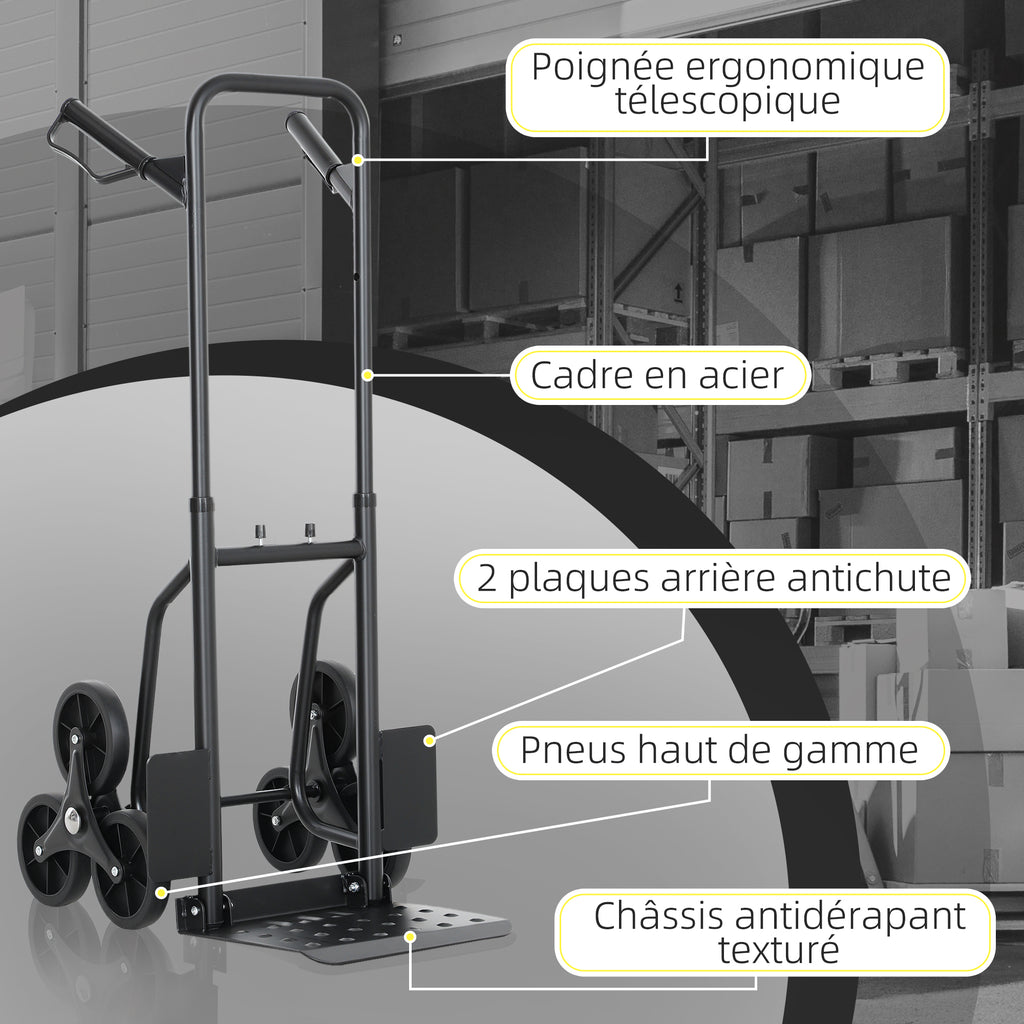 Diable d'escalier pliable 120 kg 6 roues, diable demenagement en acier avec cordes télescopiques, 44x67x106,5cm, noir-5