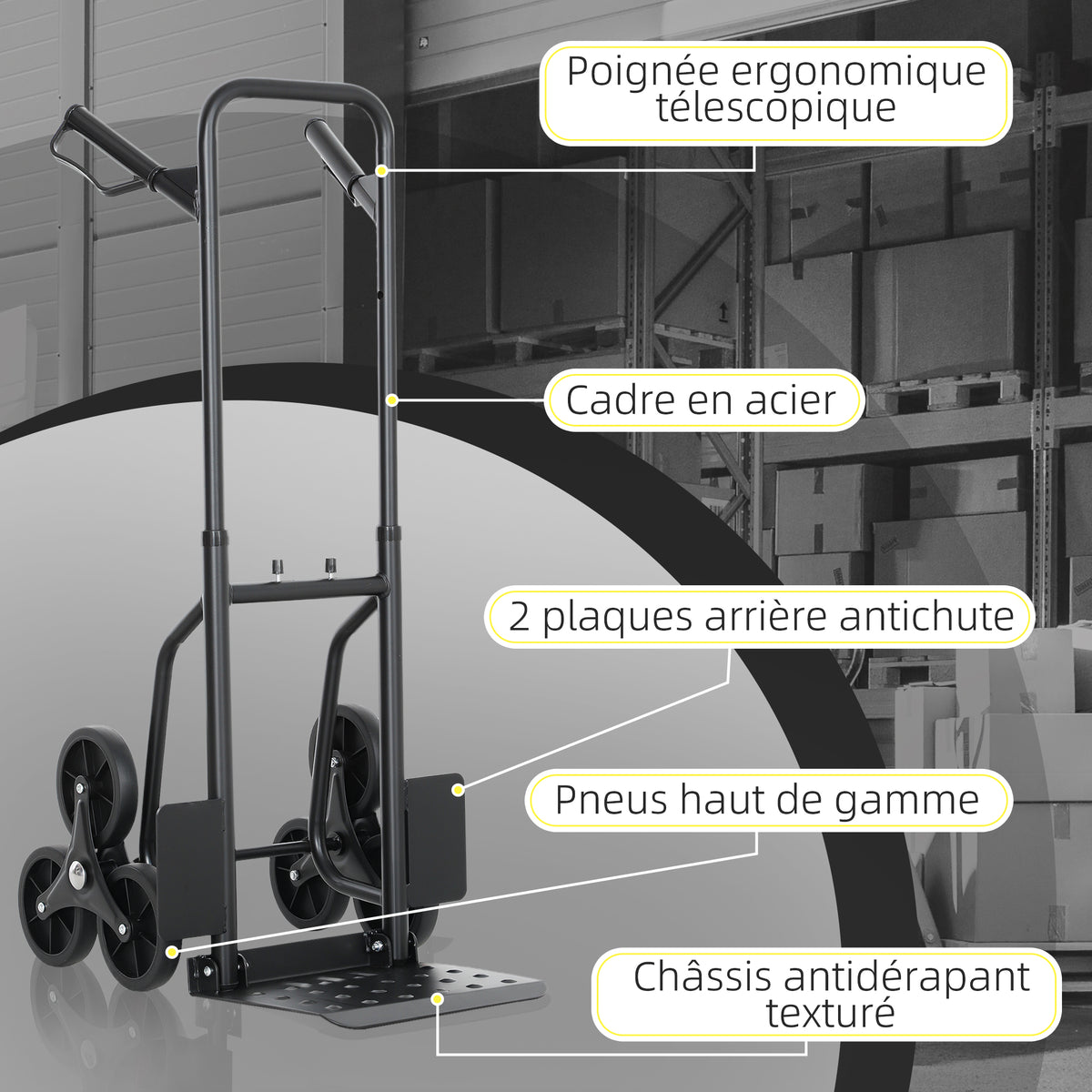 Diable d'escalier pliable 120 kg 6 roues, diable demenagement en acier avec cordes télescopiques, 44x67x106,5cm, noir-5