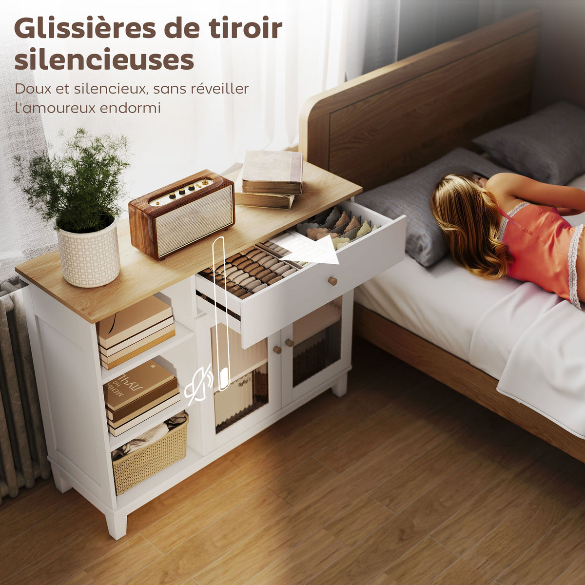 Buffet salon avec placard à portes en verre trempé nervuré, tiroir, 3 compartiments ouverts et étagères réglables, blanc-4