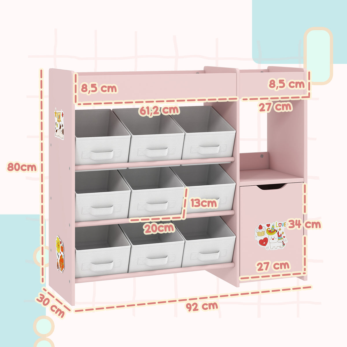 Meuble rangement enfant étagère de rangement pour jouets enfants avec 9 tiroirs en tissu et placard, rose-2