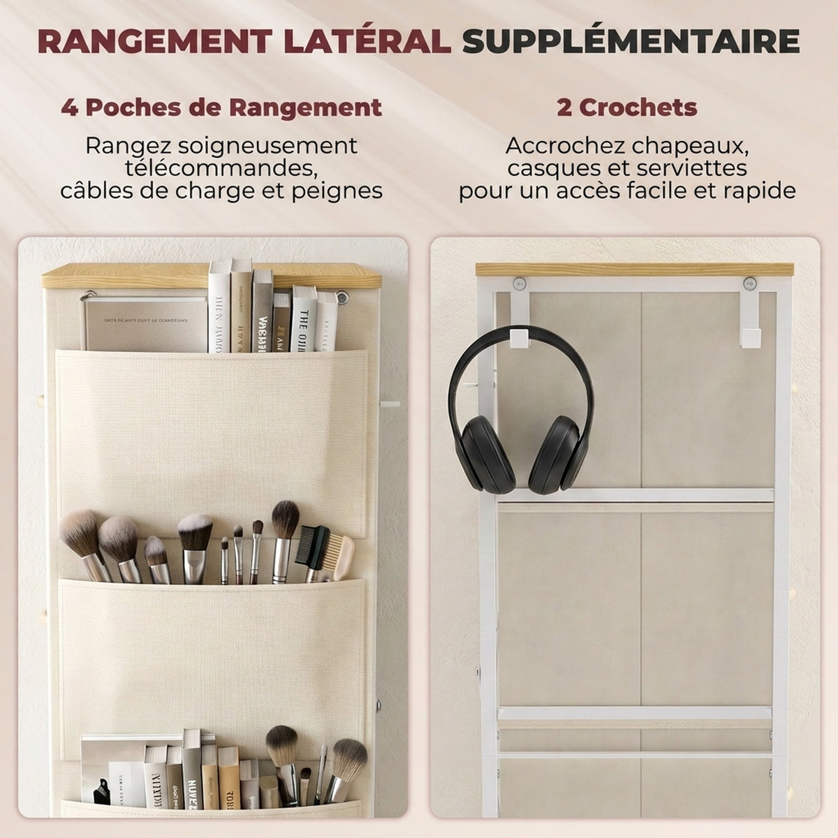 Commode 10 Tiroirs en Tissu, Meuble de Rangement avec 4 Poches, 2 Crochets, Structure en Acier, 80 x 30 x 94,5 cm, Beige-4