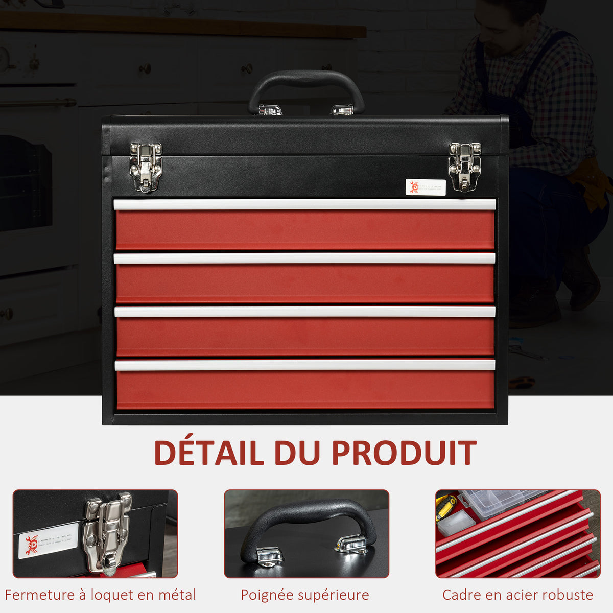 Boite à outils métallique coffret à outils caisse à outils 4 tiroirs + plateau tôle acier 51 x 22 x 39,5 cm noir-3