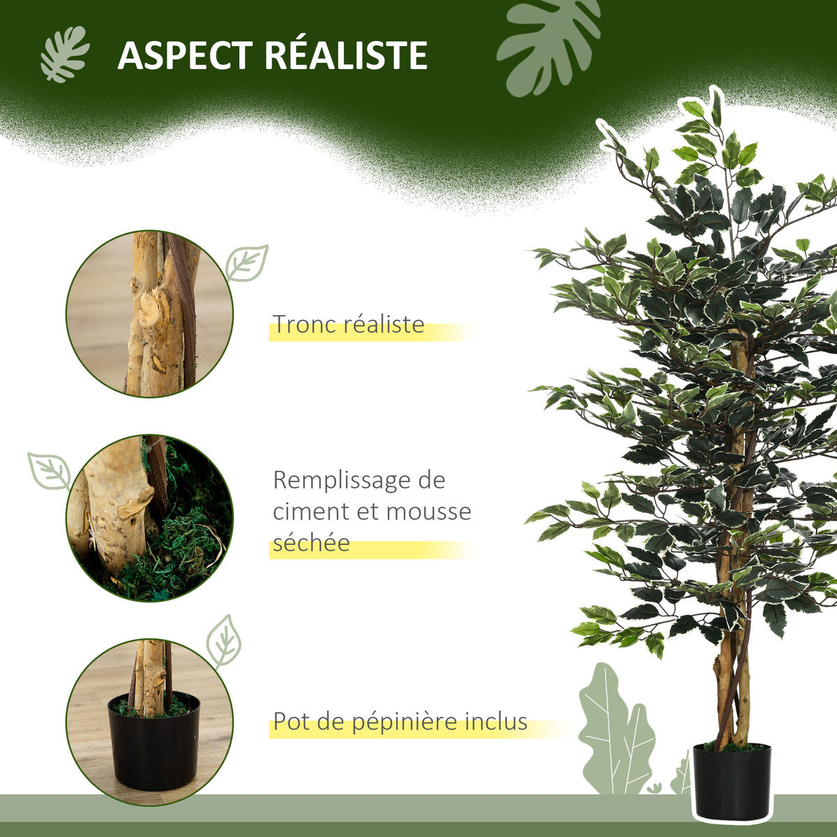 Plante artificielle ficus tronc branches liane lichen feuilles grand réalisme pot inclus hauteur 1,3 m-4
