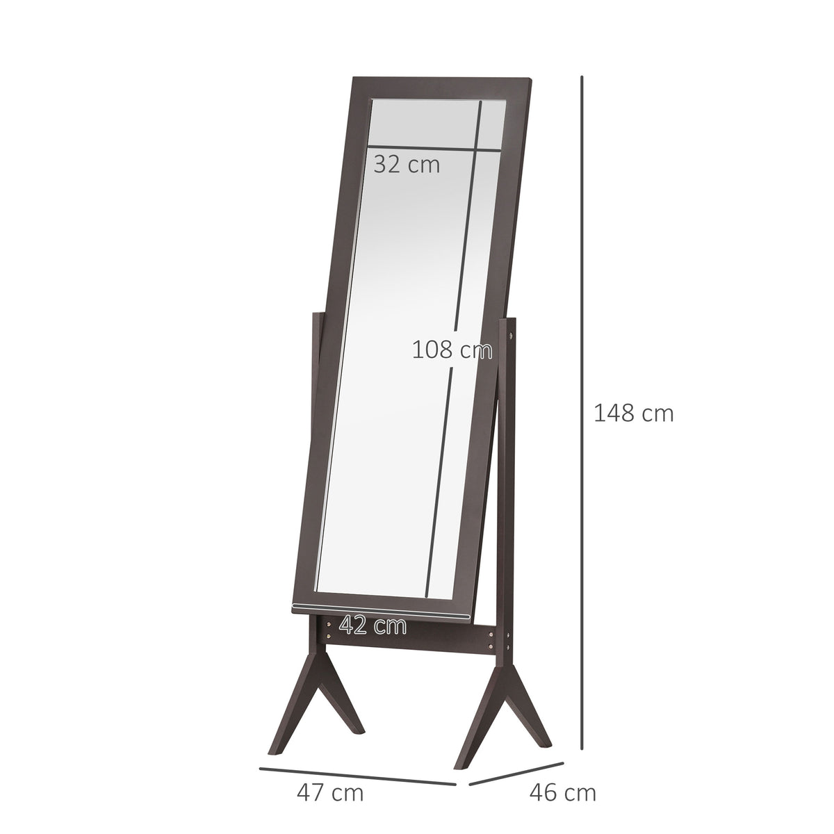 Miroir en Pied Grand Miroir de Sol Inclinaison réglable pour Dressing Chambre dim. 47L x 46l x 148H cm en café-2