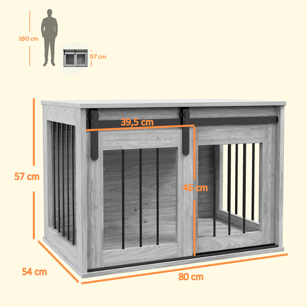 Cage caisse pour chien animaux intérieur porte coulissante, métal effet bois, dim. 57H x 80L x 54l cm-2