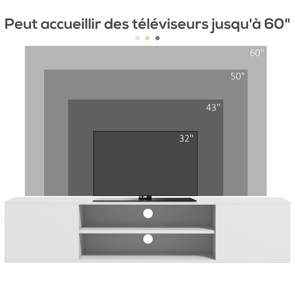 Meuble banc TV mural suspendu style contemporain 2 placards 2 niches centrales et 2 passe-câbles 140 x 30 x 30 cm blanc-7