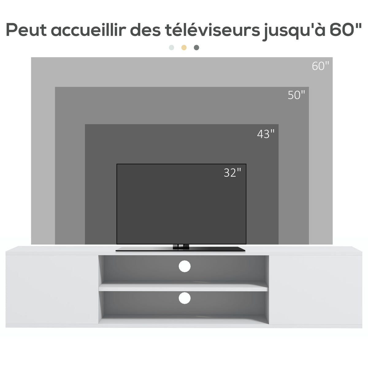 Meuble banc TV mural suspendu style contemporain 2 placards 2 niches centrales et 2 passe-câbles 140 x 30 x 30 cm blanc-7