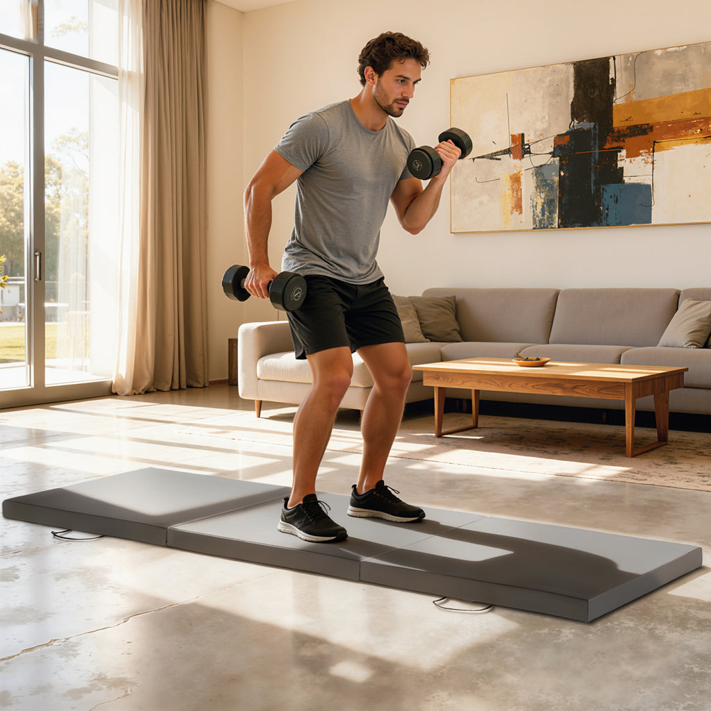 Tapis de gymnastique yoga pilates fitness pliable en 3 panneaux avec poignées revêtement synthétique 180 x 60 x 5cm gris-9