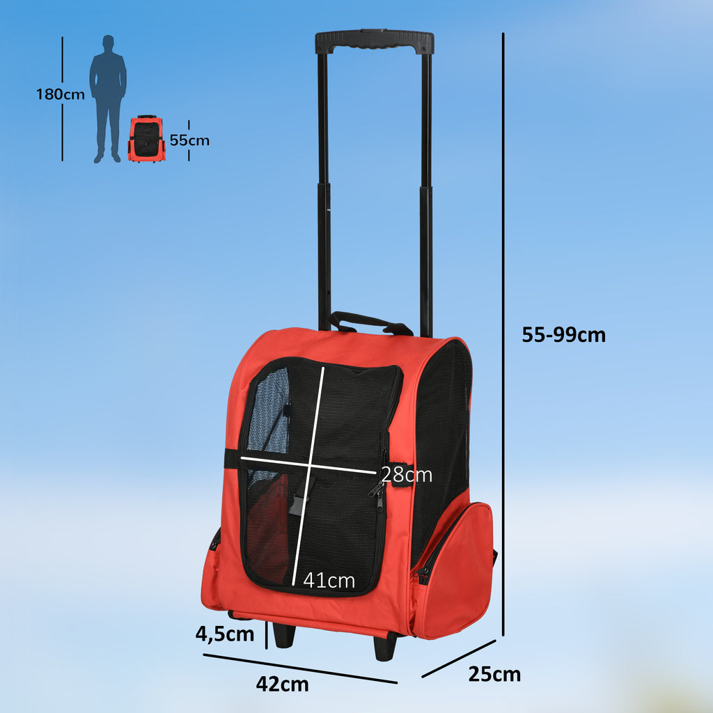 Sac de transport à roulettes pour chien 2 en 1 trolley chariot sac à dos pour chien chat avec poignée téléscopique, sacs de rangement, aérations, attache de sécurité, 42 x 25 x 55 cm, rouge-2