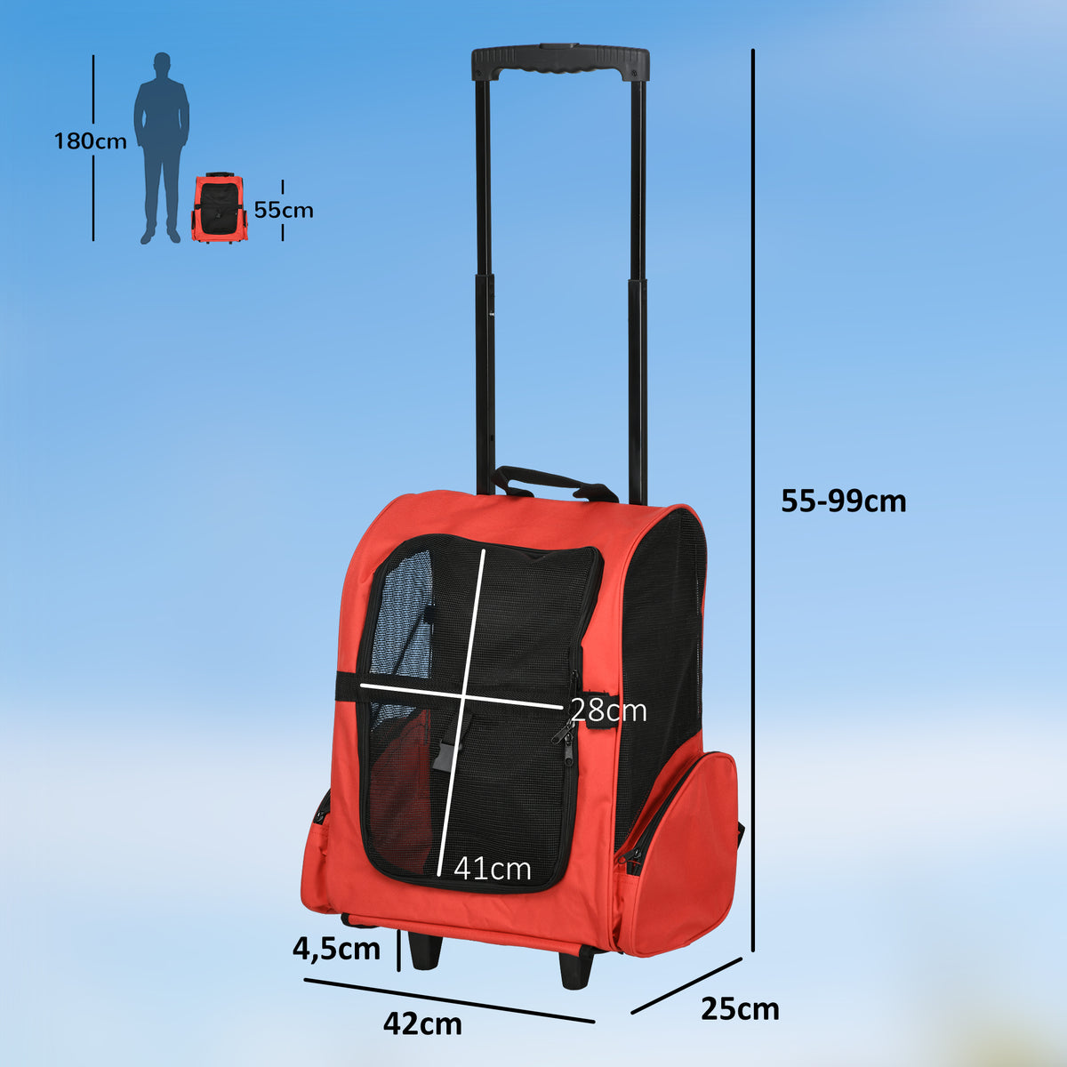 Sac de transport à roulettes pour chien 2 en 1 trolley chariot sac à dos pour chien chat avec poignée téléscopique, sacs de rangement, aérations, attache de sécurité, 42 x 25 x 55 cm, rouge-2