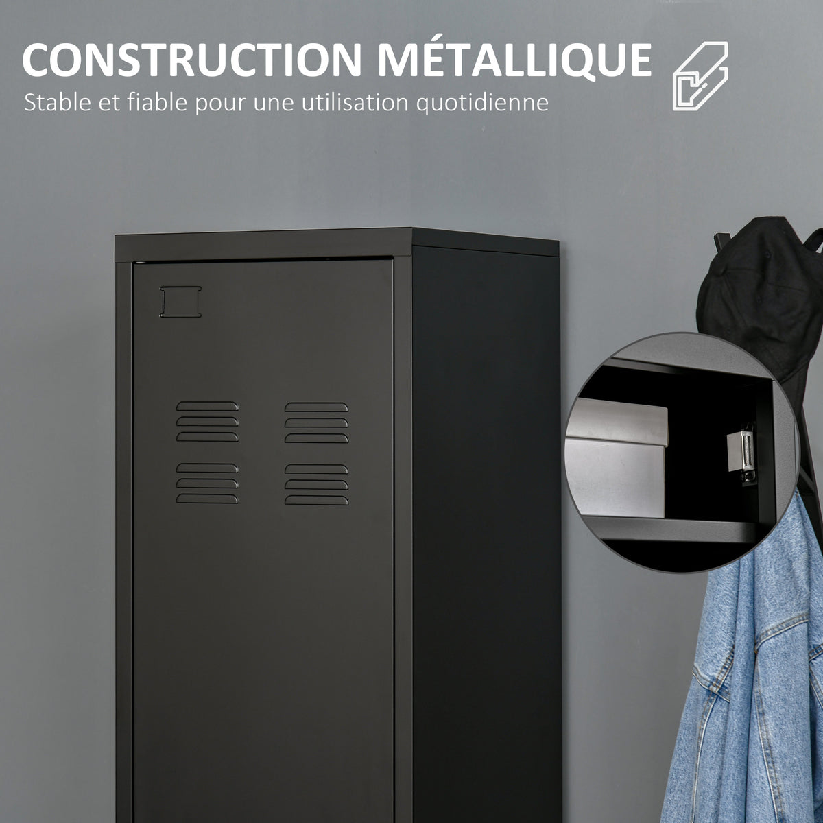 Armoire de Rangement compacte en métal casier style industriel avec 3 étagères, 1 tringle 43L x 50l x 180H cm-4