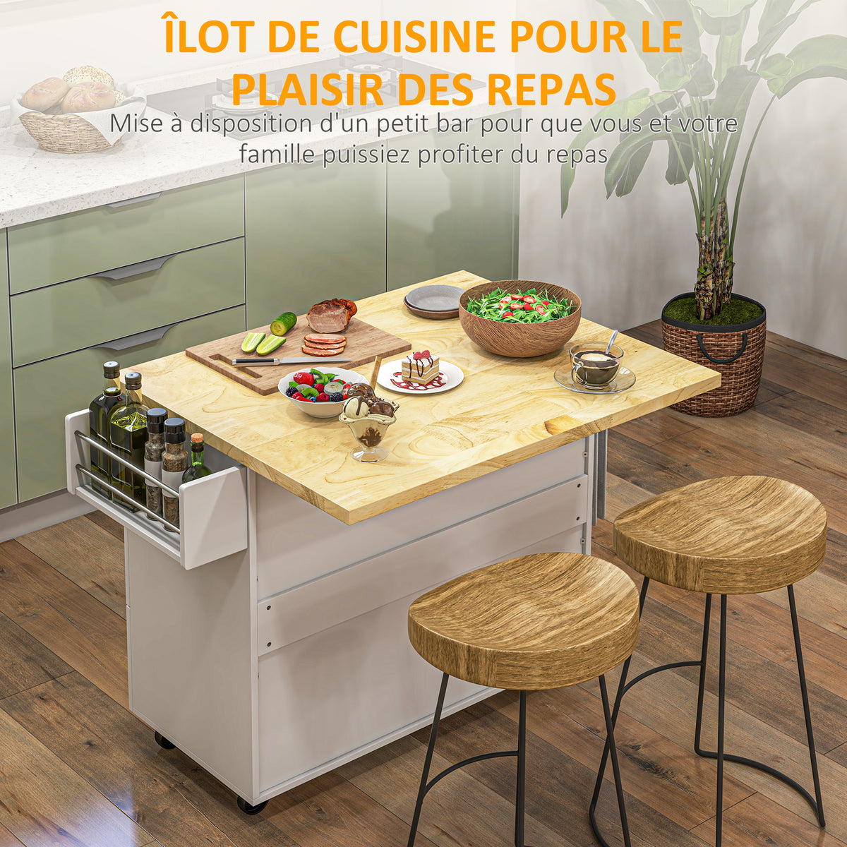 Desserte îlot de cuisineplateau rabattable 3 tiroirs 1 placard porte-torchons et porte-épices 111,5 x 75 x 89 cm blanc-3