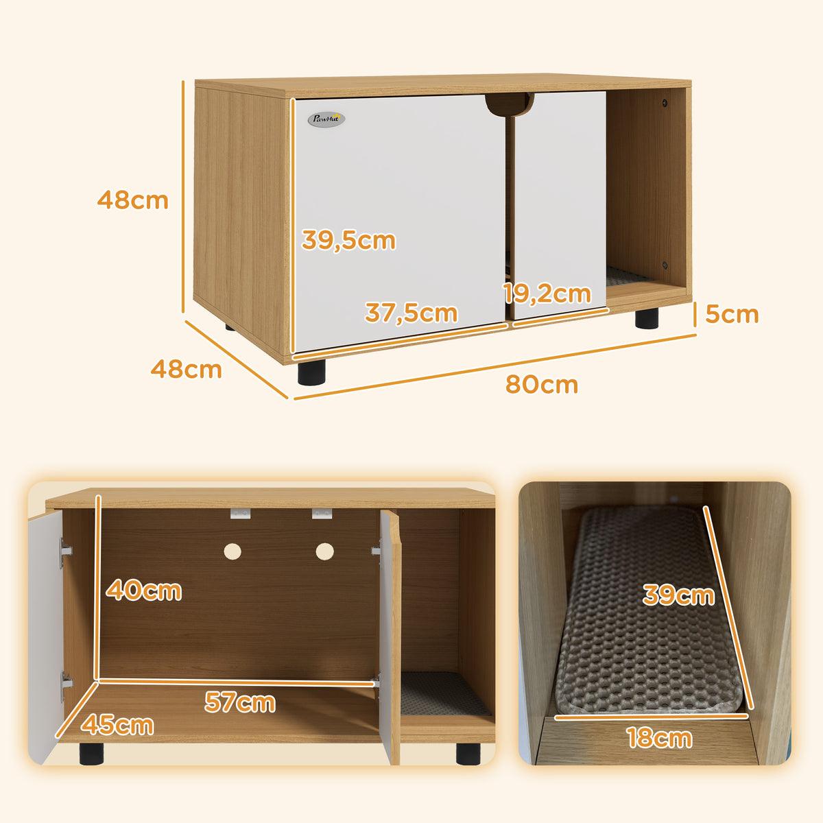 Meuble à litière maison de toilette sur pieds pour chat 2 en 1 portes style scandinave 80 x 48 x 48 cm naturel et blanc-2