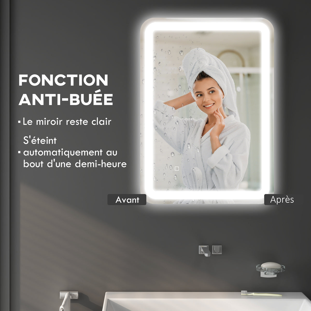 Miroir de salle de bain rectangulaire LED fonction anti-buée luminosité réglable fonction mémoire 70 x 50 cm argent-6