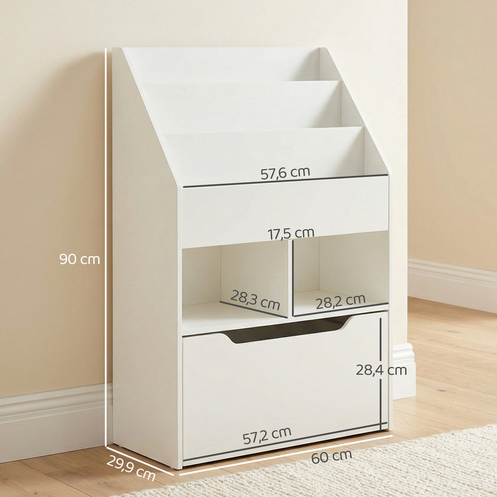 Bibliothèque étagère Multi-Rangement 3 étagères 2 niches Grand tiroir en bois Blanc-2