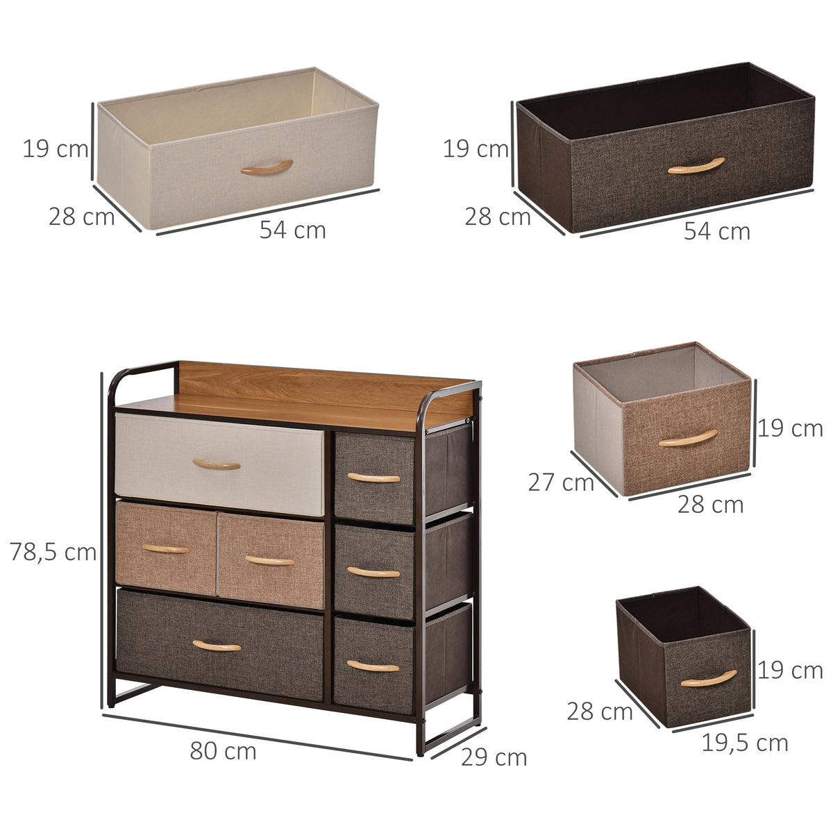 Commode 7 tiroirs meuble de rangement tiroir en tissu pliant - structure acier noir - 80L x 29l x 78,5H cm, multicolore-2