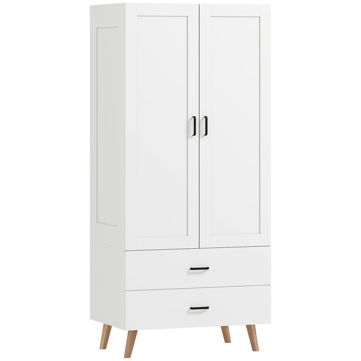 Armoire chambre penderie 2 portes à fermeture douce, 2 tiroirs et barre de suspension, 80x54x180cm, blanc-0