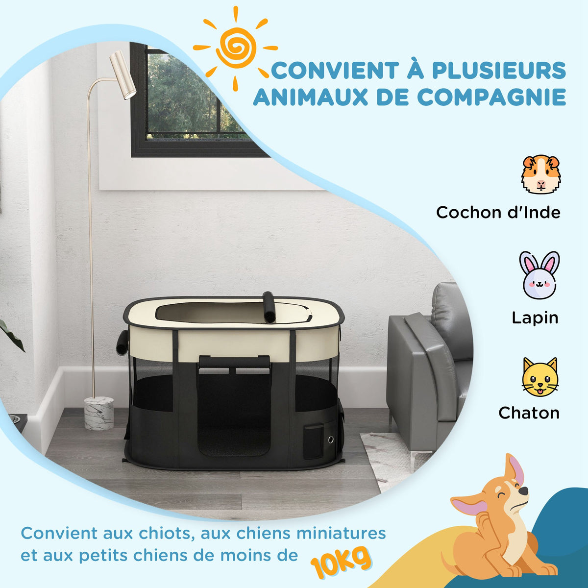 Parc enclos pliable pour chien chat petits animaux en tissu Oxford avec rangement 94 x 74 x 60 cm blanc crème et noir-3