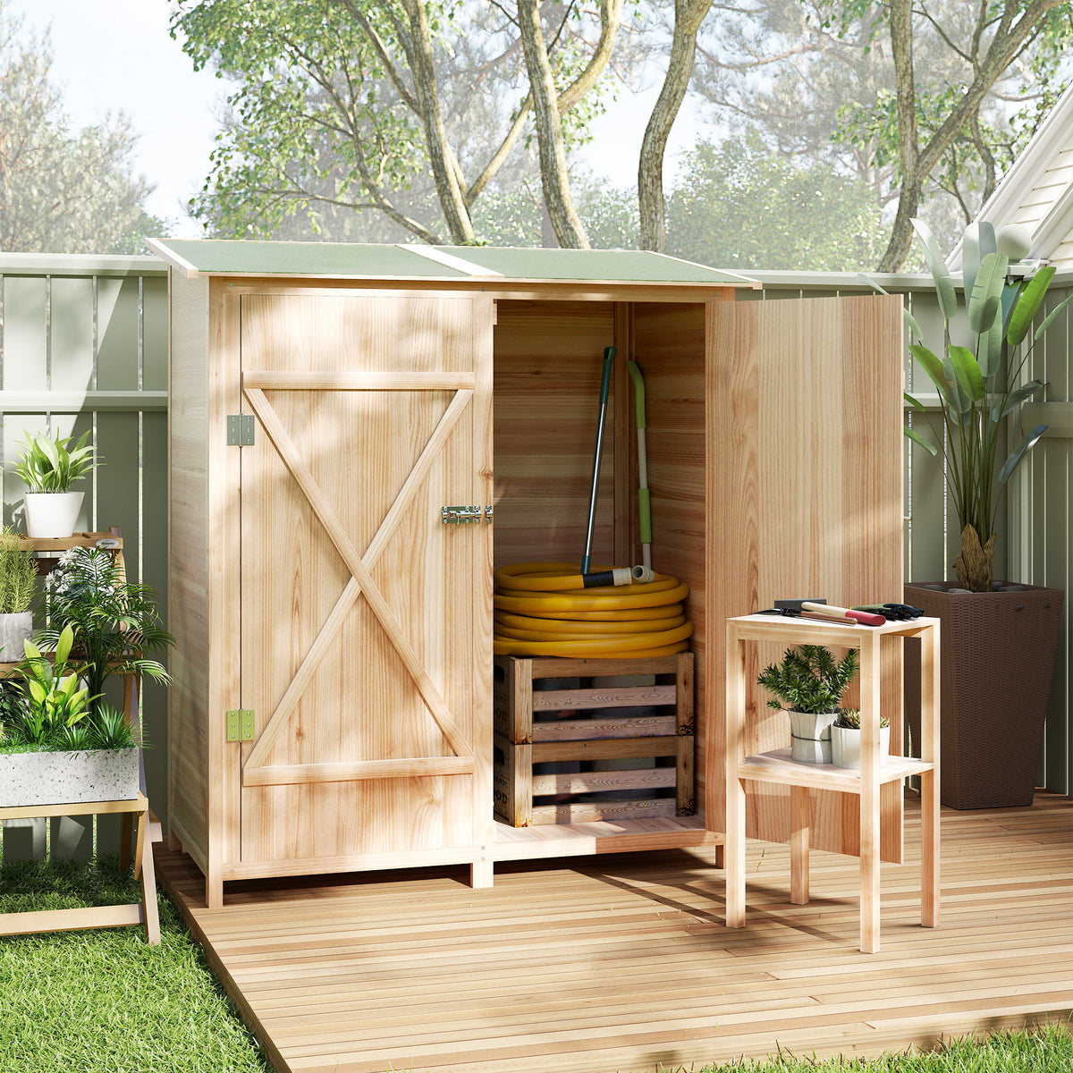 Abri de jardin en bois armoire de jardin en bois avec table, toit en asphalte, 140 x 75 x 157 cm, effet bois naturel-8