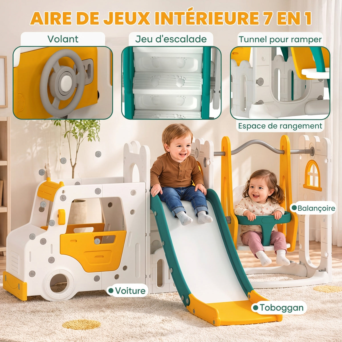 Ensemble Toboggan et Balançoire 7 en 1 pour Enfants, Aire de Jeux Intérieure, Thème Voiture, pour 1-4 Ans, Blanc-3
