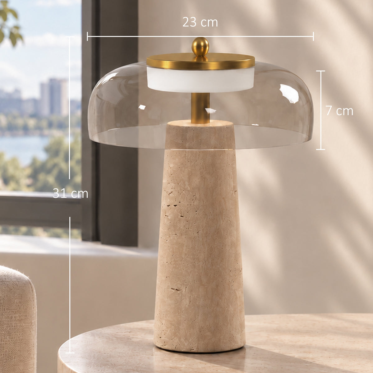 Lampe de Table Vintage avec Abat-Jour en Verre et Base en Travertin, Lampe de Chevet Rétro, Lumière Chaude 3000 K, Ambre-2