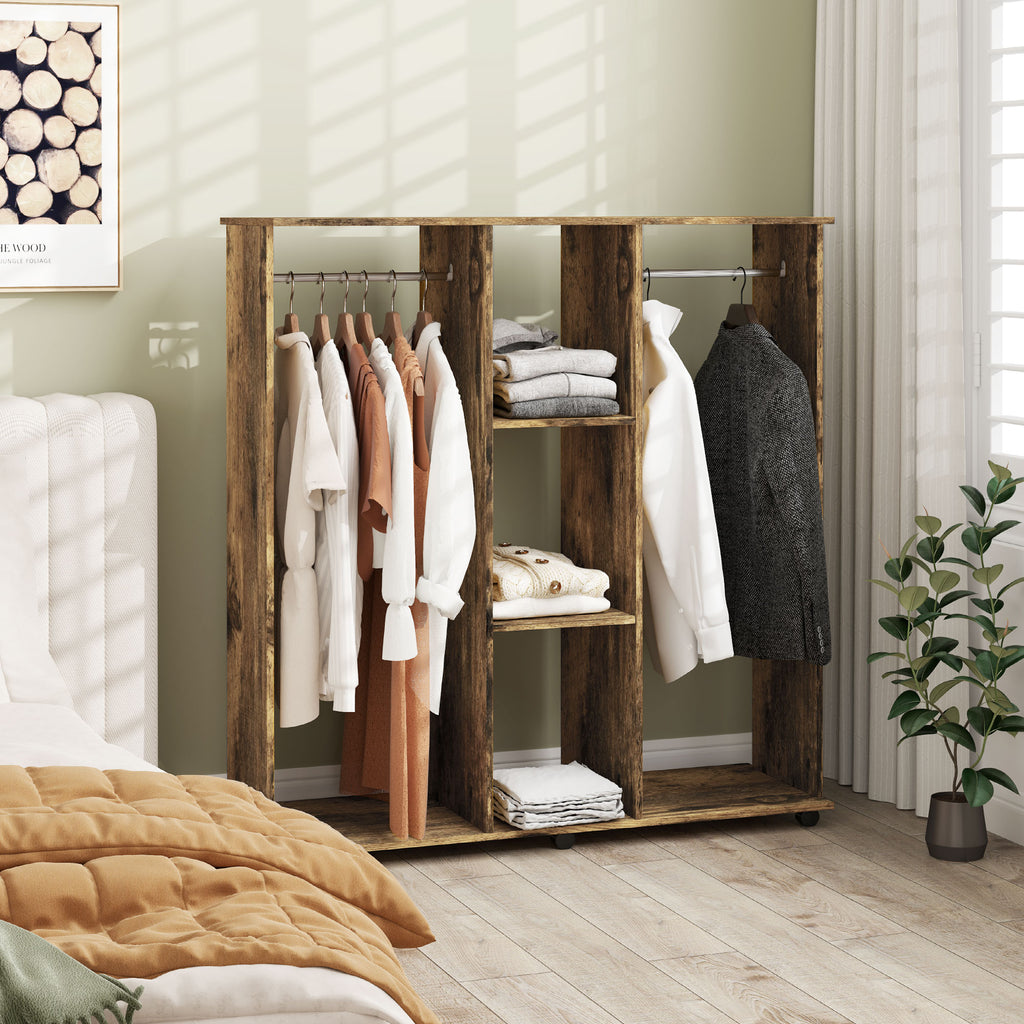 Armoire penderie meuble de rangement mobile 6 roulettes 120 x 40 x 128 cm en bois marron-7