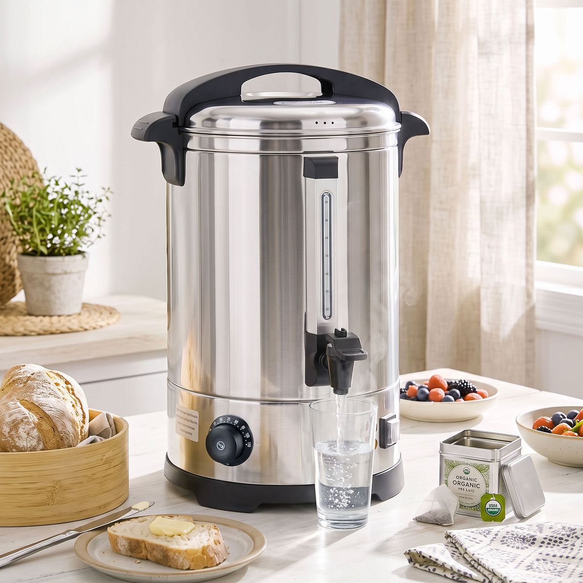 Distributeur d'Eau Chaude en Inox 8L 1500 W, 9 Niveaux de Température 30-110 °C, Maintien au Chaud, Robinet, Argenté-1