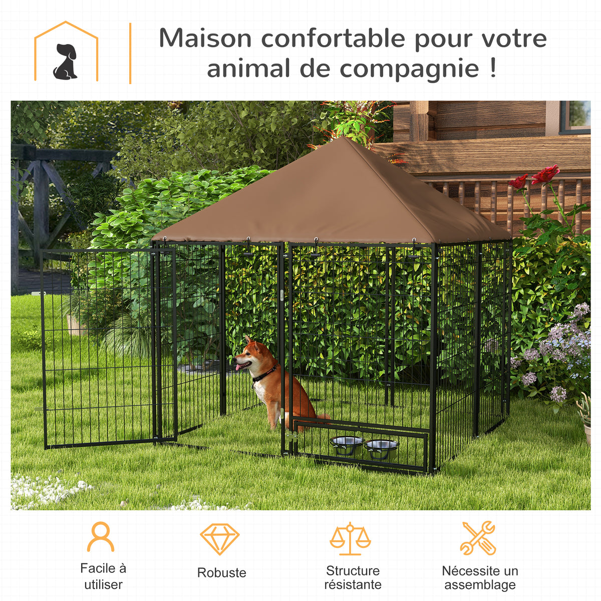 Chenil extérieur pour Chiens en métal et Tissu Oxford Support gamelle et Toit résistant aux intempéries Espace spacieux-3