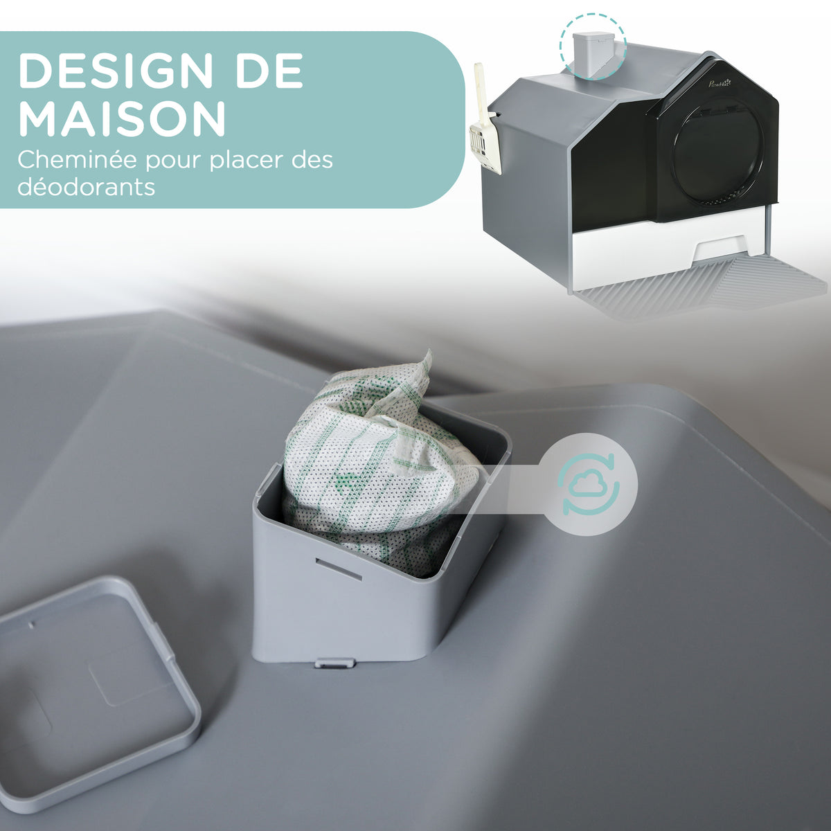 Maison de toilette bac à litière pour chat design maisonnette avec pelle, filtre et tapis dim. 47L x 45l x 42H cm-3