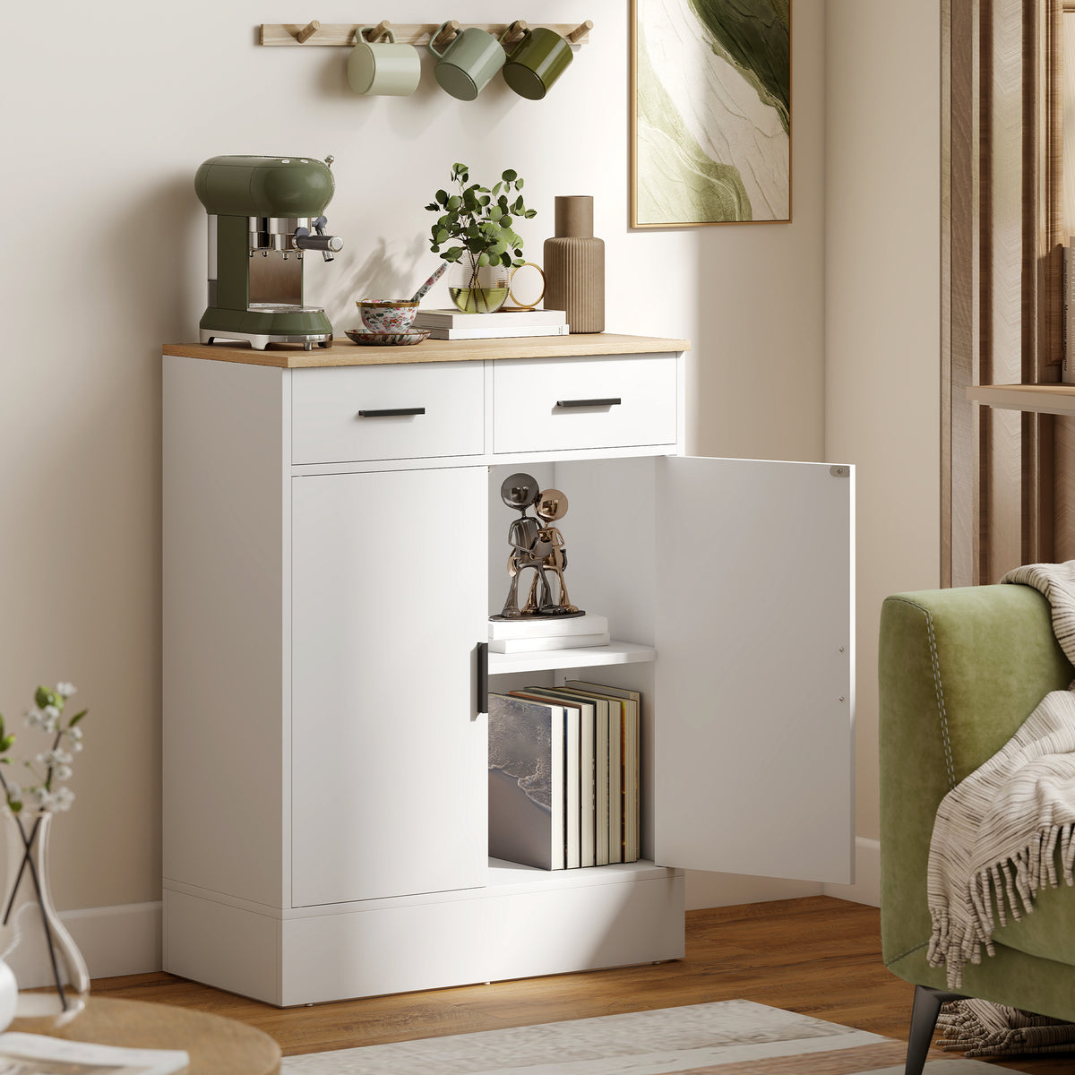 Buffet, meuble de rangement avec 2 portes, 2 tiroirs et étagère réglable, 68,6 x 35 x 90,3 cm, bois naturel et blanc-9