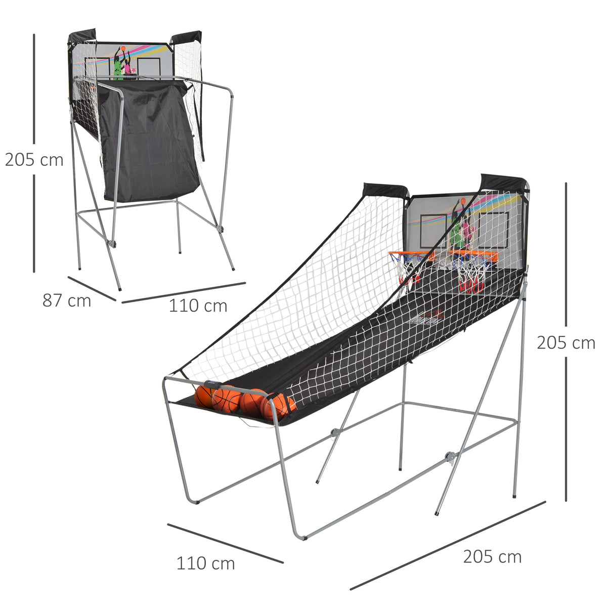Jeu basketball arcade pliable 2 panier 4 balles pompe gonflage, système pointage, 4 205x110x205cm, noir blanc-2