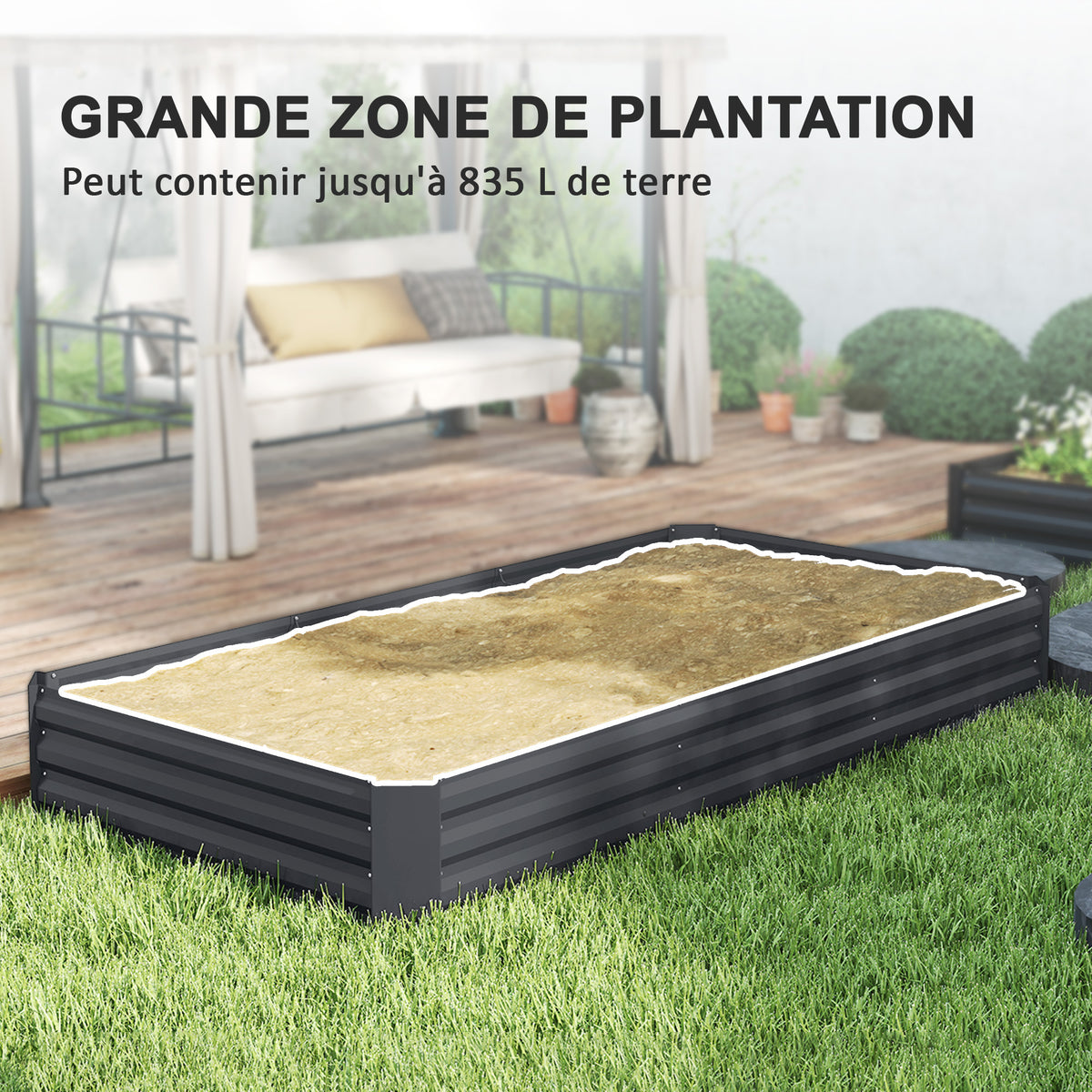 Jardinière extérieure carré potager galvanisée avec bordure de sécurité et fond ouvert 240 x 120 x 30 cm gris foncé-3