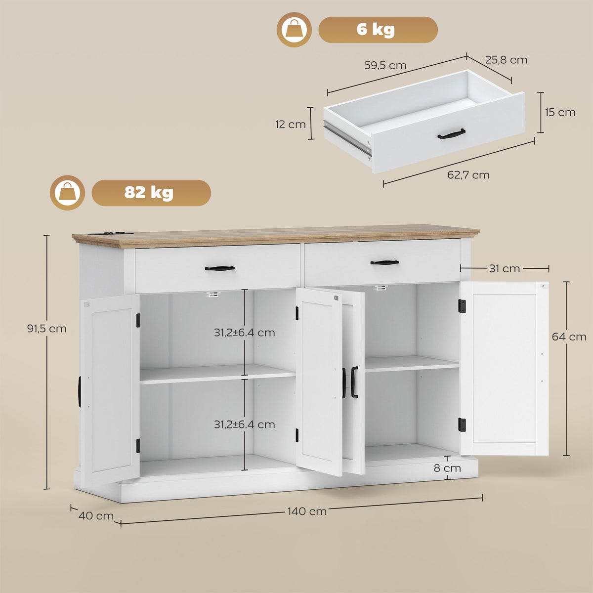 Buffet avec port USB et multiprise meuble TV avec 2 placards à portes de grange, 2 tiroirs et étagères réglables, blanc-2