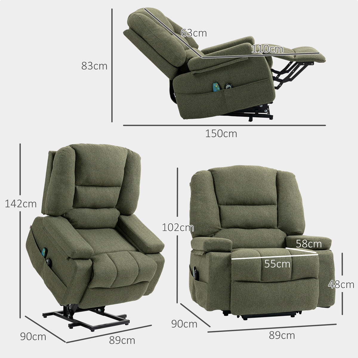 Fauteuil releveur relax électrique, fonction massage et chaleur, inclinaison réglable, repose-pied, télécommandes, vert-2