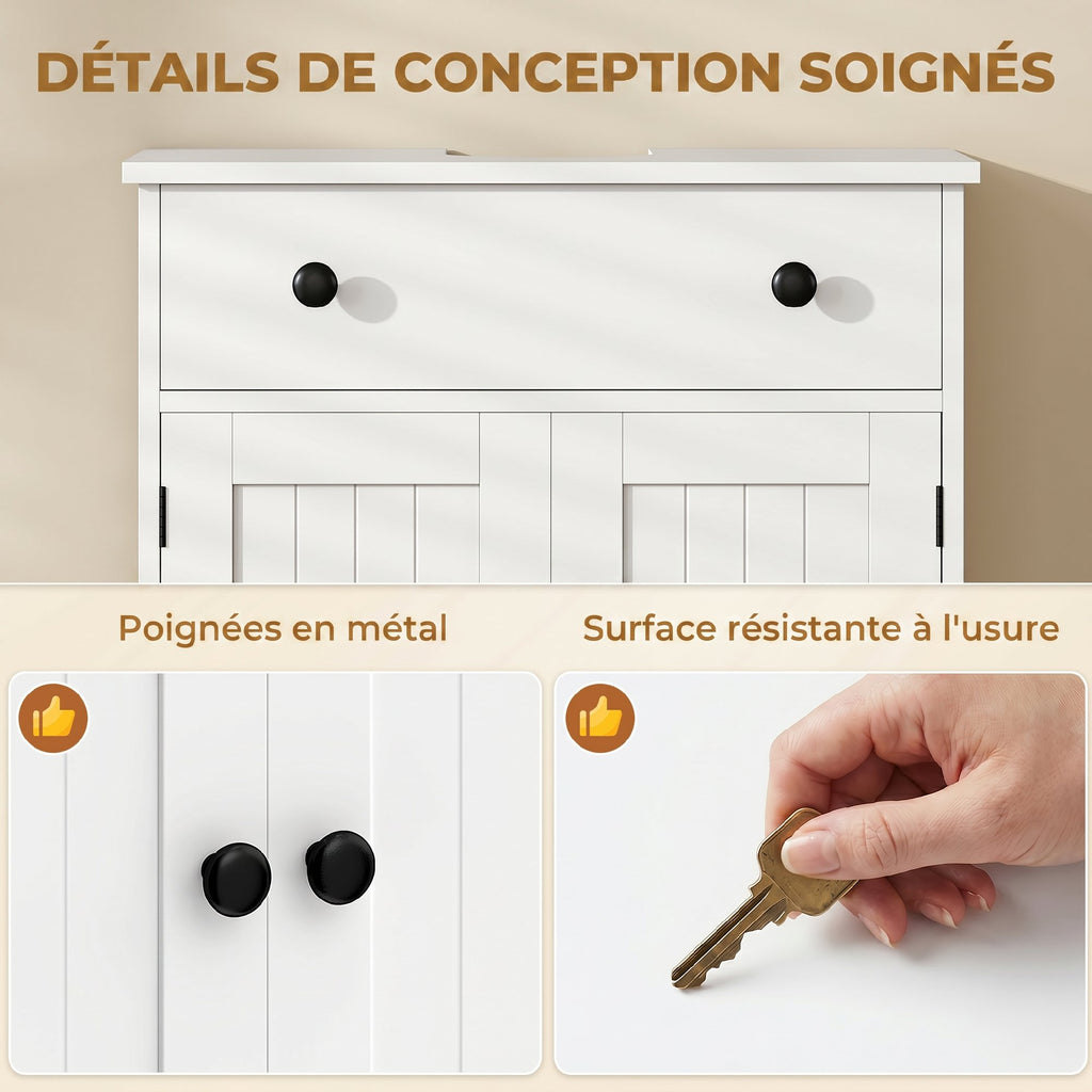 Meuble sous lavabo de salle de bain, meuble moderne sur pied avec charnières à fermeture douce, tiroir, 2 portes, blanc-6
