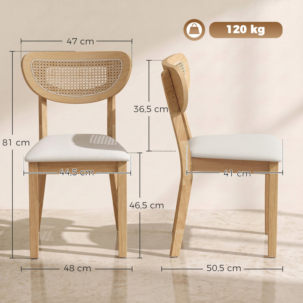 Lot de 2 Chaises de Salle à Manger, Chaises de Cuisine Rembourrées en Lin, Dossier à Effet Rotin et Pieds d'Hévéa, Beige-2