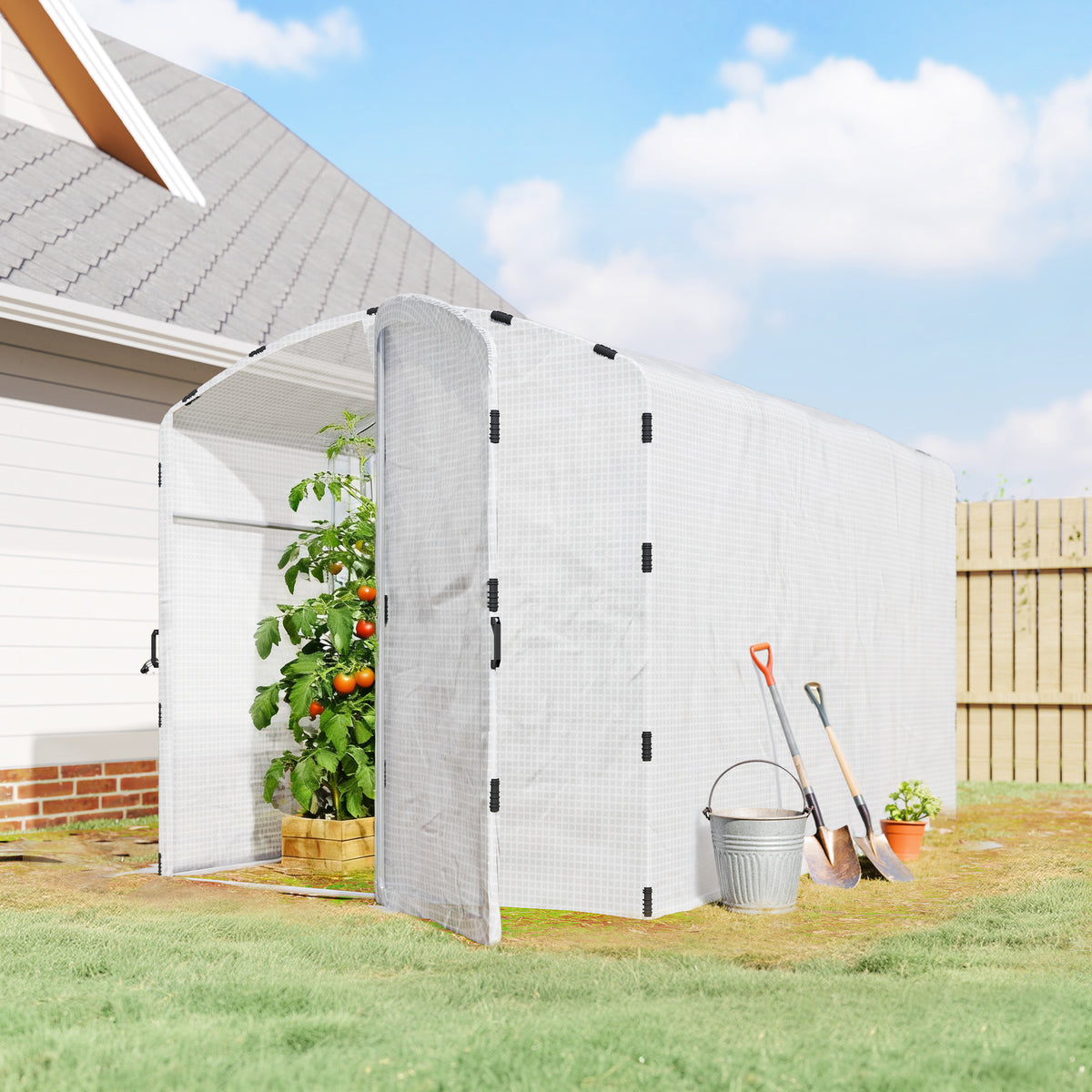 Serre tunnel de jardin 6m², serre de jardin tunnel 300x200x195cm bâche PE 220g/m² bords prolongés 50 cm avec porte blanc-1
