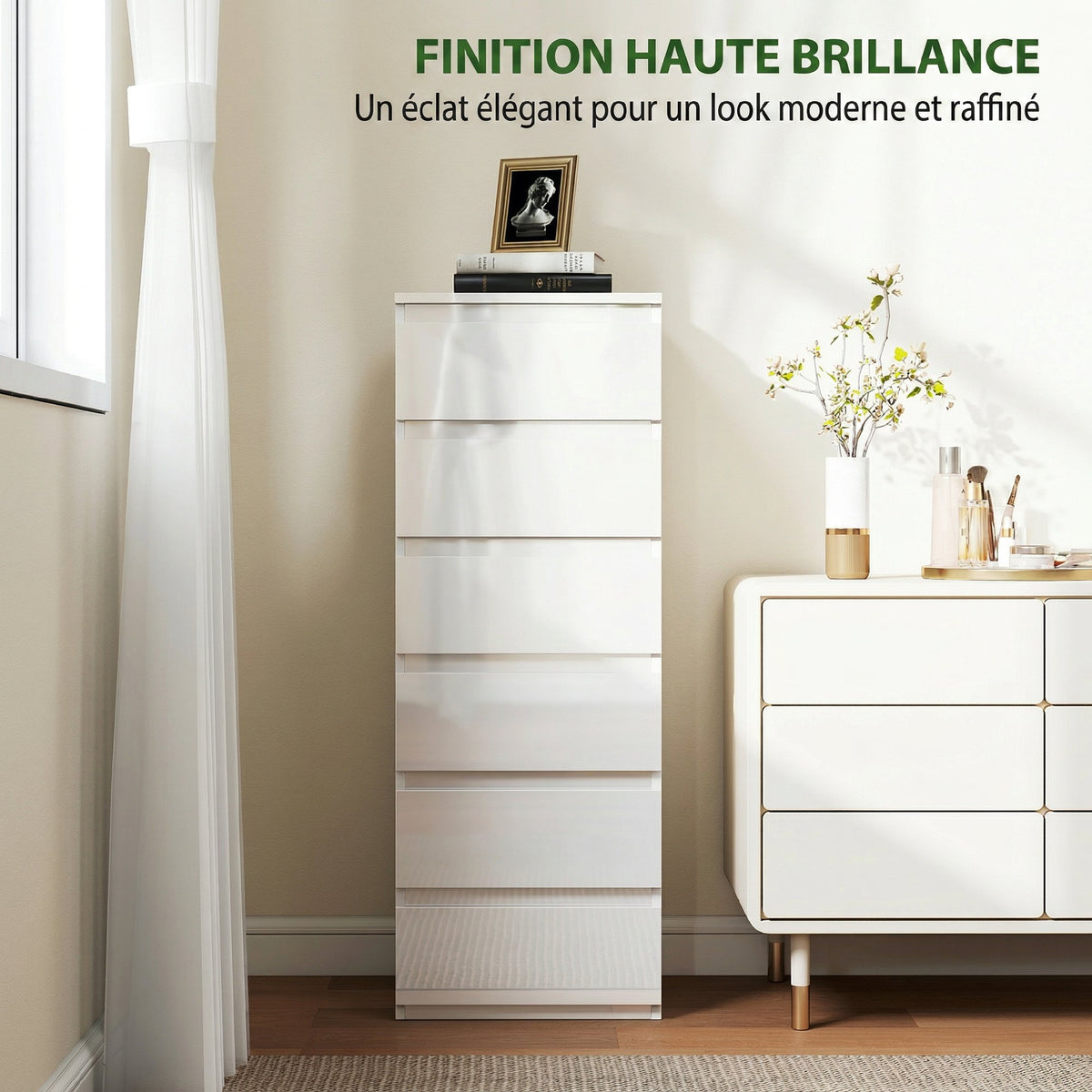 Commode 6 tiroirs à haute brillance, meuble de rangement étroit sans poignées, 40 x 35 x 109 cm, blanc-3