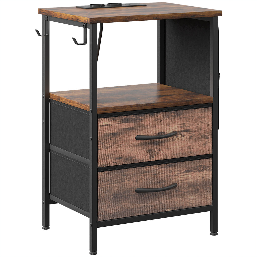 Table d'Appoint, Bout de Canapé, 2 Tiroirs et Sac de Rangement, Station de Charge, 40x30x60cm, Brun Rustique et Noir-0