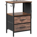 Table d'Appoint, Bout de Canapé, 2 Tiroirs et Sac de Rangement, Station de Charge, 40x30x60cm, Brun Rustique et Noir-0