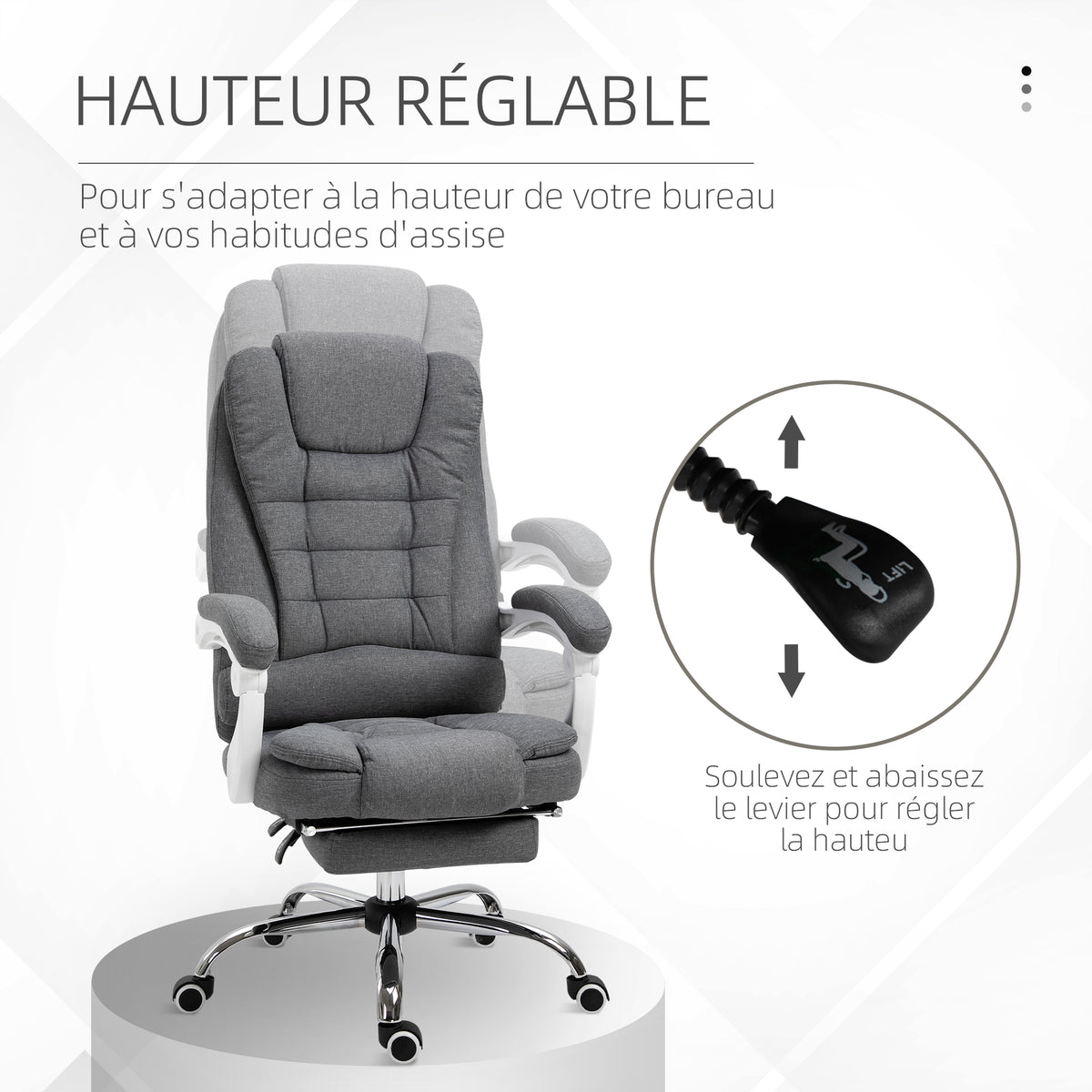 Fauteuil de bureau manager chaise pour ordinateur avec repose-pied dossier inclinable accoudoirs rembourrés en lin gris-3